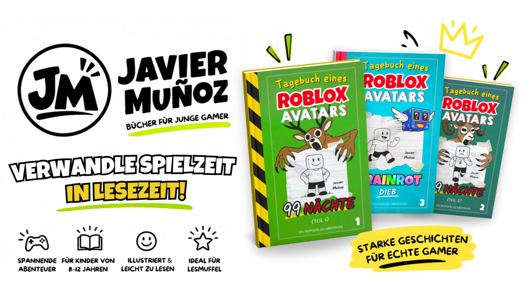 Javier Muñoz mit seinen illustrierten Abenteuerbüchern für junge Gamer von 8 bis 12 Jahren.